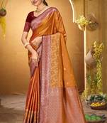 orange woven silk blend saree with blouse