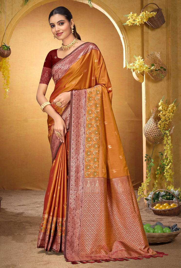 orange woven silk blend saree with blouse