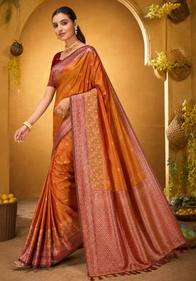 orange woven silk blend saree with blouse 2