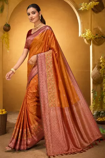 orange woven silk blend saree with blouse