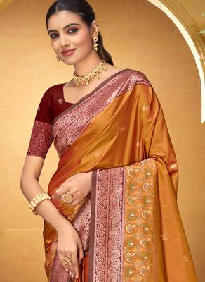 orange woven silk blend saree with blouse 3