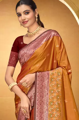 orange woven silk blend saree with blouse