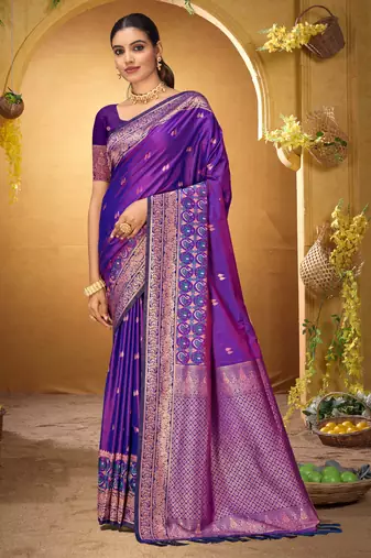 violet woven silk blend saree with blouse