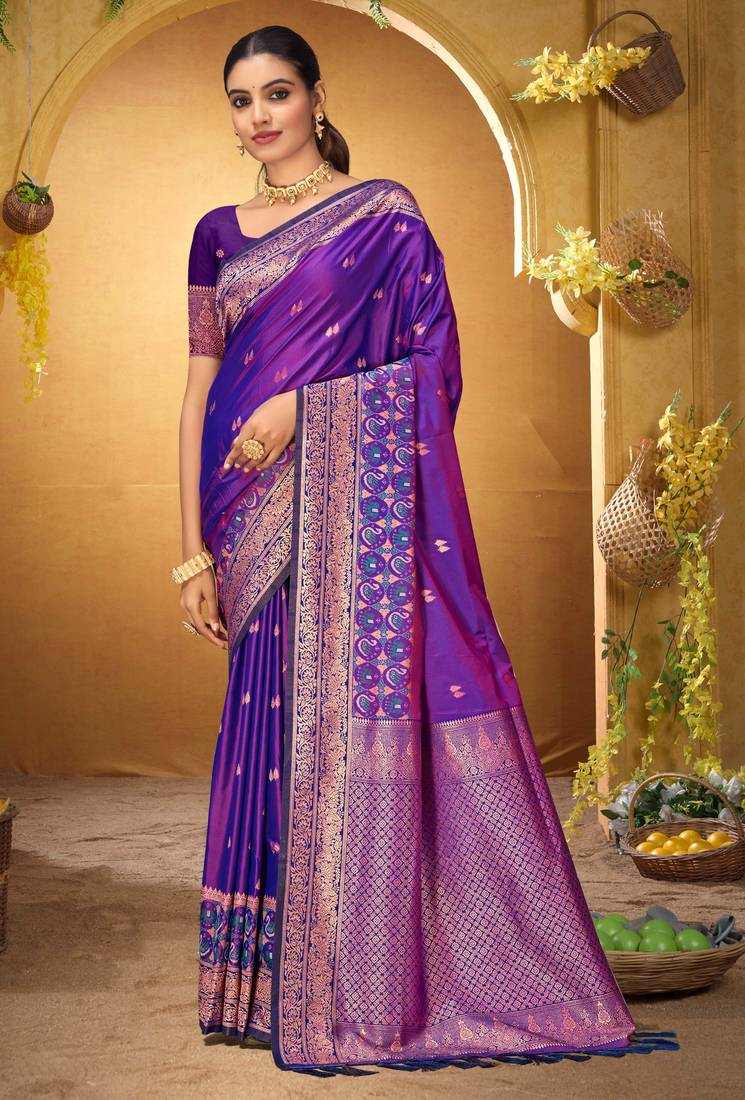 violet woven silk blend saree with blouse