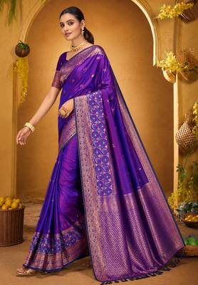 violet woven silk blend saree with blouse 2