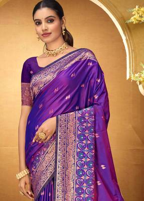 violet woven silk blend saree with blouse 3