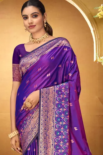 violet woven silk blend saree with blouse