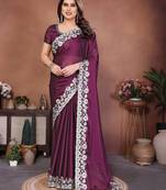 Women Wine Floral Embroidered Designer Saree