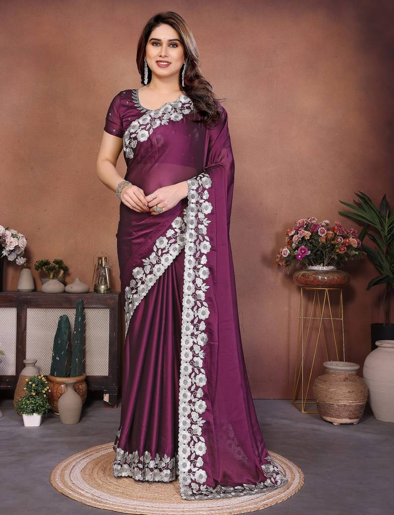 Women Wine Floral Embroidered Designer Saree