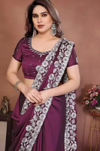 Women Wine Floral Embroidered Designer Saree