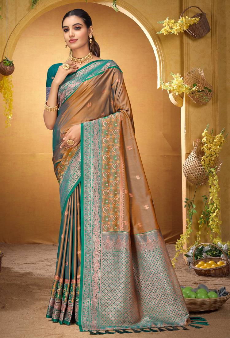 golden woven silk blend saree with blouse
