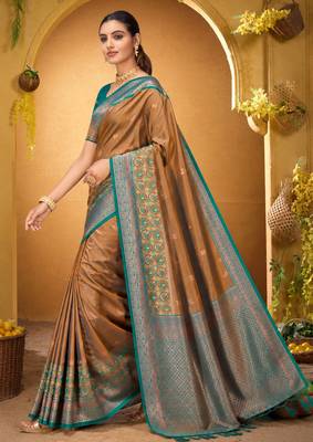 golden woven silk blend saree with blouse 2