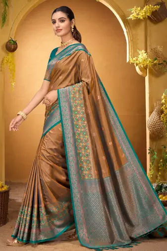 golden woven silk blend saree with blouse