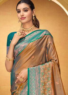 golden woven silk blend saree with blouse 3