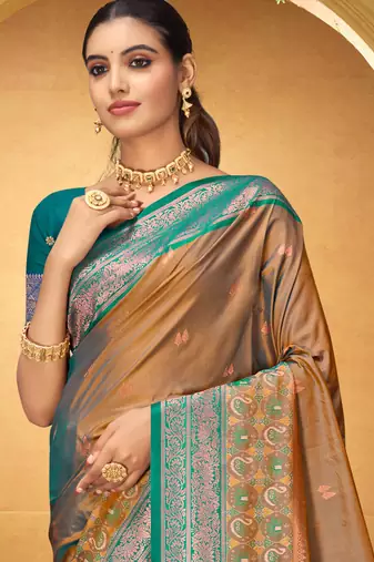 golden woven silk blend saree with blouse