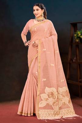 peach woven cotton saree with blouse 1