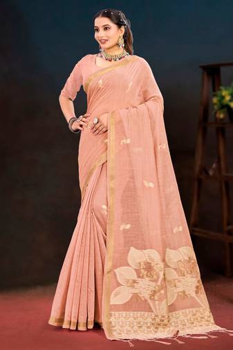 peach woven cotton saree with blouse