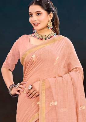 peach woven cotton saree with blouse 3