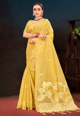 yellow woven cotton saree with blouse 1