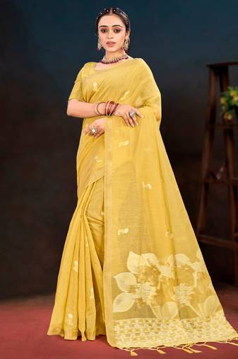 yellow woven cotton saree with blouse