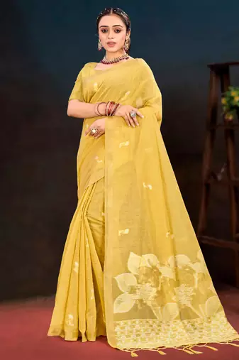 yellow woven cotton saree with blouse