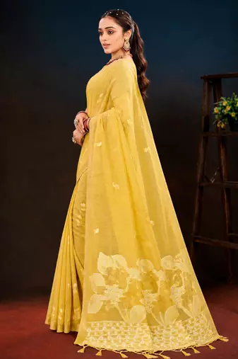 yellow woven cotton saree with blouse