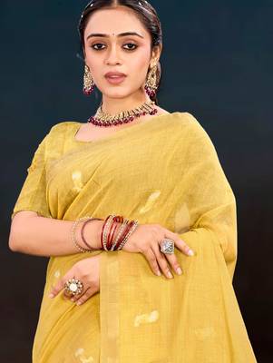 yellow woven cotton saree with blouse 3