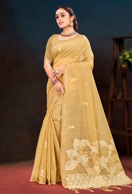 beige woven cotton saree with blouse 1