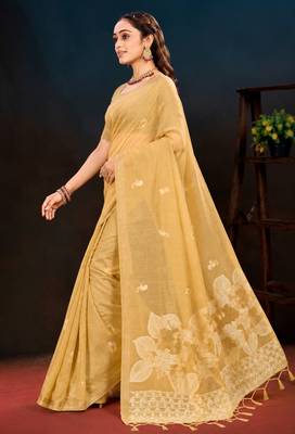 beige woven cotton saree with blouse 2