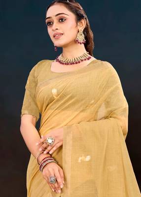 beige woven cotton saree with blouse 3