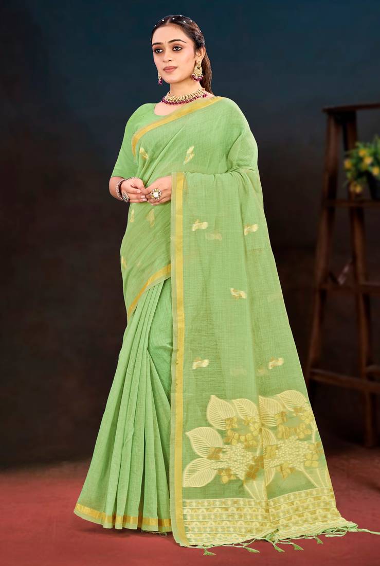 green woven cotton saree with blouse