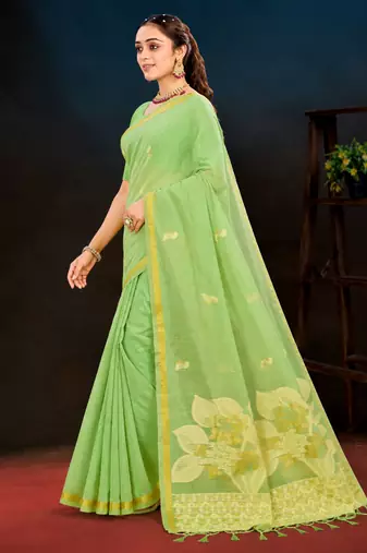 green woven cotton saree with blouse