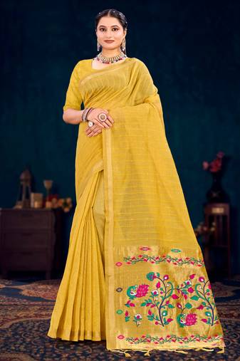 mustard woven cotton saree with blouse