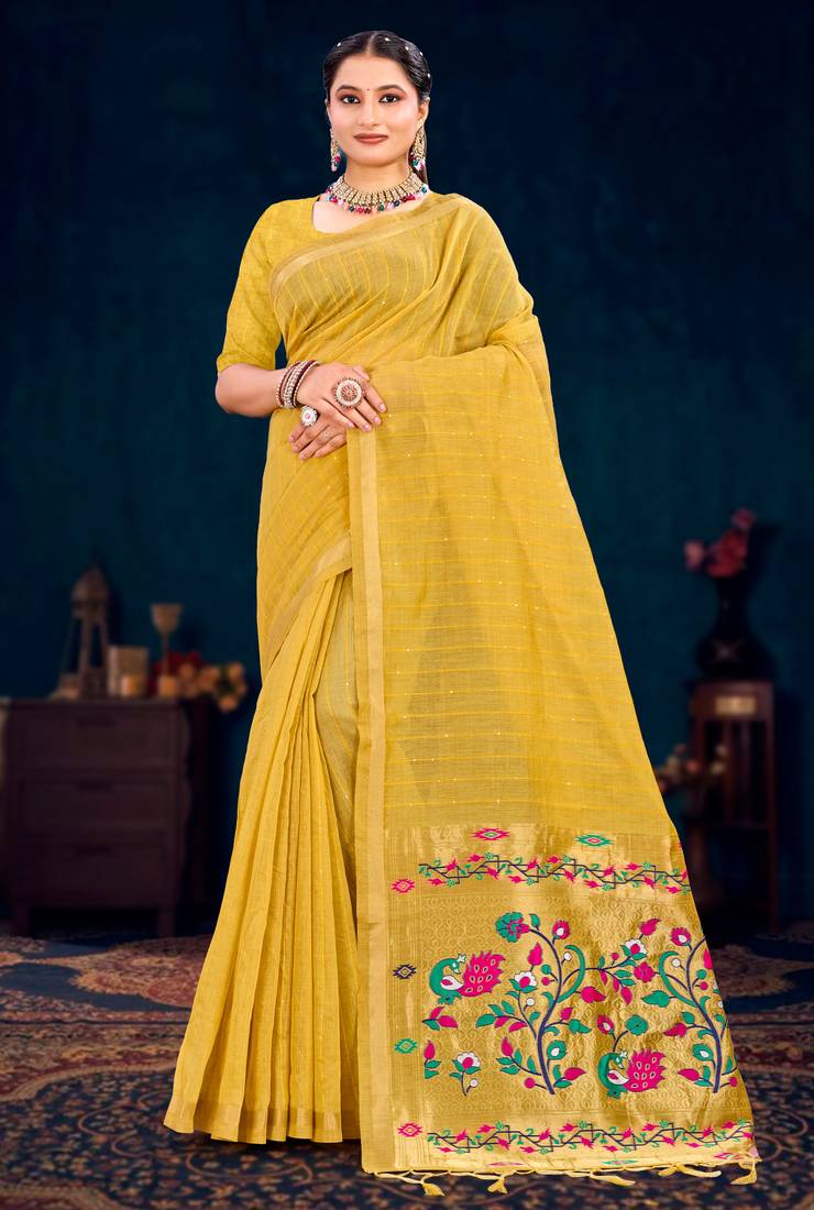 mustard woven cotton saree with blouse