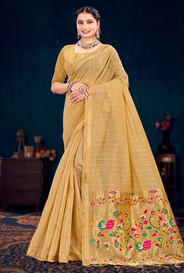 beige woven cotton saree with blouse