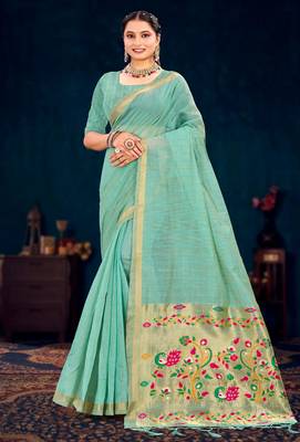 green woven cotton saree with blouse 1