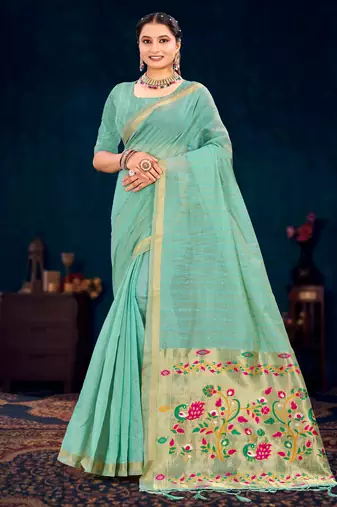 green woven cotton saree with blouse