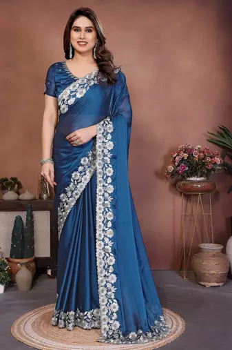 Women Teal Floral Embroidered Designer Saree