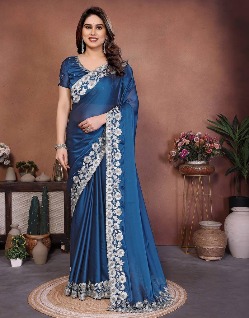 Women Teal Floral Embroidered Designer Saree