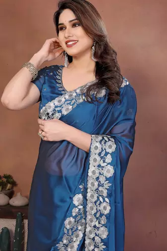 Women Teal Floral Embroidered Designer Saree