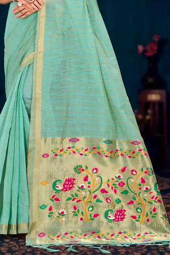 green woven cotton saree with blouse