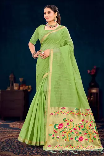green woven cotton saree with blouse