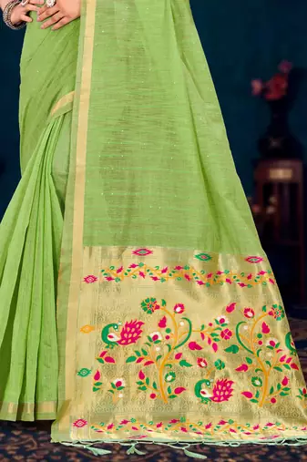 green woven cotton saree with blouse