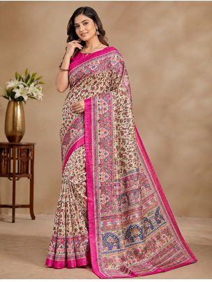 cream printed pasmina print with dori silk saree 1