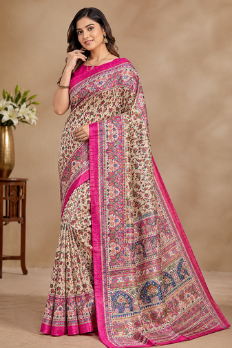 cream printed pasmina print with dori silk saree