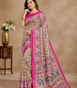 cream printed pasmina print with dori silk saree