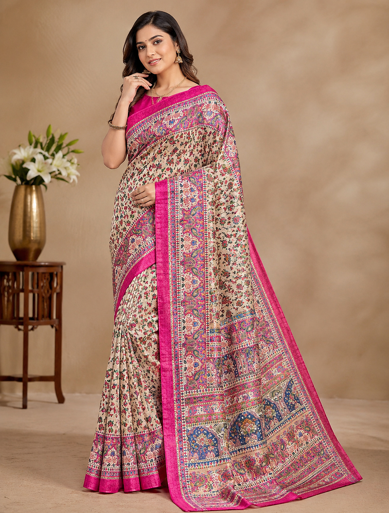 cream printed pasmina print with dori silk saree