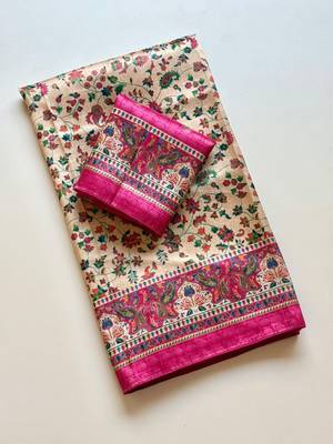 cream printed pasmina print with dori silk saree 2