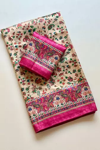 cream printed pasmina print with dori silk saree