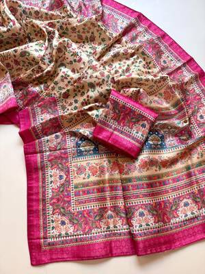cream printed pasmina print with dori silk saree 3